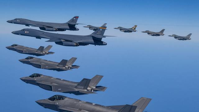 FILE PHOTO: US Air Force B-1B bombers, F-16 fighter jets and South Korean Air Force F-35A take part in a joint air drill