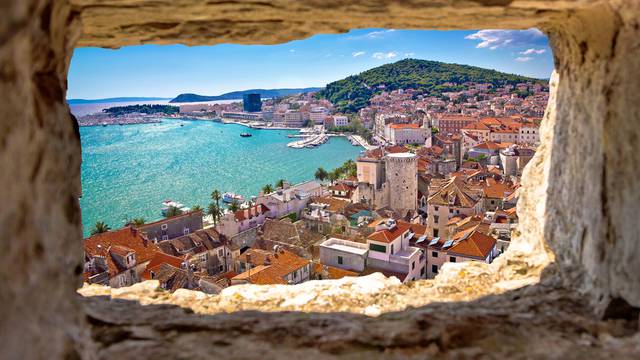 Split,Bay,Aerial,View,Through,Stone,Window,,Dalmatia,,Croatia