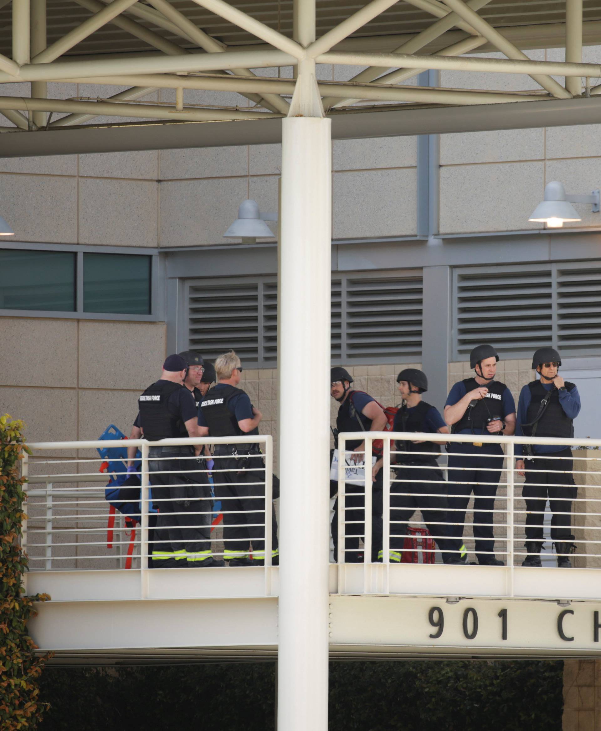 Police officers are seen at Youtube headquarters following an active shooter situation in San Bruno, California