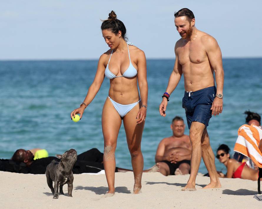 French DJ David Guetta and model girlfriend Jessica Ledon show off their beach bodies in Miami Beach