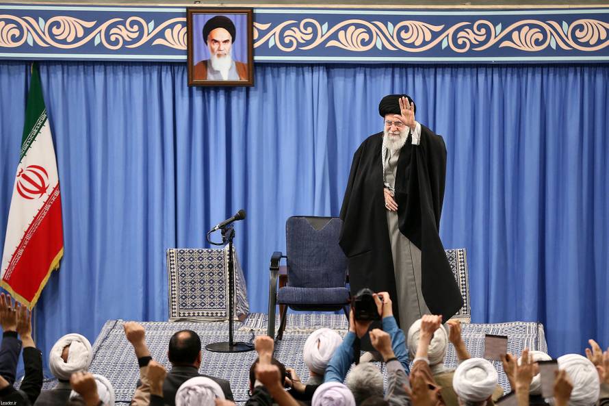 Iran's Supreme Leader Ayatollah Ali Khamenei delivers a speech during a gathering in Tehran