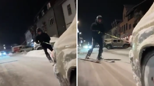 Nevjerojatna snimka iz Delnica! Stojadin ga vuče na skijama, a on hvata vende ulicama grada