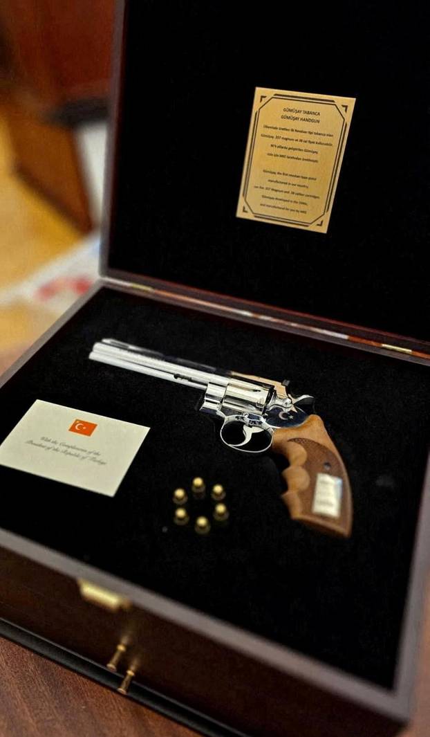 A gun gifted by Turkish President Recep Tayyip Erdogan to Lithuanian President Gitanas Nauseda at NATO summit
