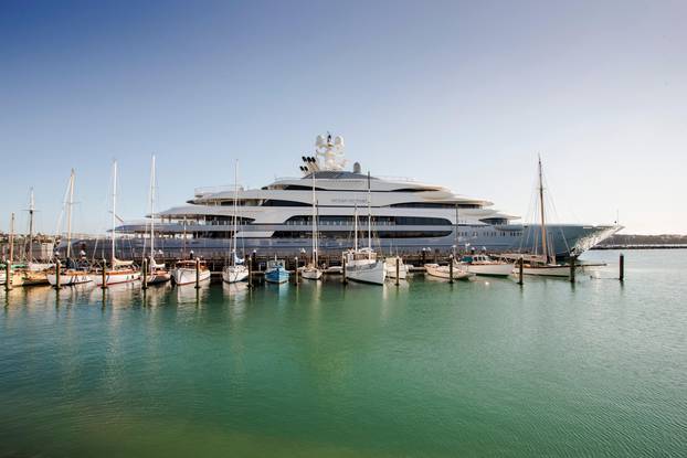 Auckland, New Zealand. 22nd July, 2015. The seven-deck luxury super yacht, Ocean Victory,  owned by billionaire steel magnate Viktor Rashnikov It is the ninth largest super-yacht in the world. It docked in Auckland harbour, New Zealand having sailed from 