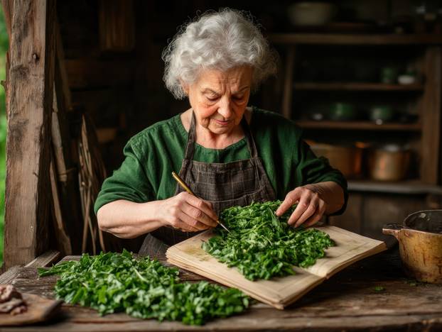 A heartwarming moment captures a grandmother's legacy She meticulously records her cherished family recipes in a well-loved cookbook, passing down generations of culinary traditions, secrets, and