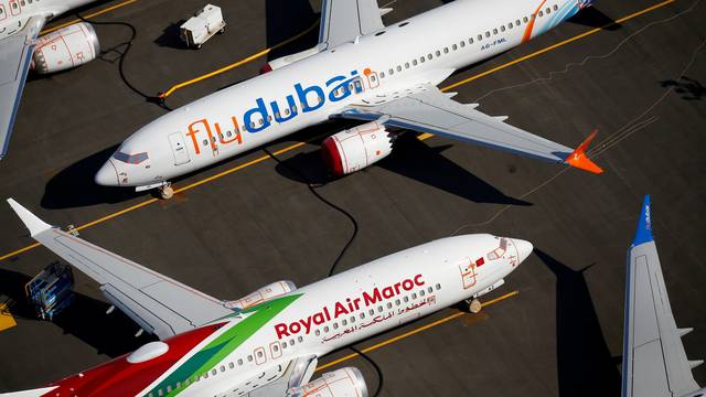 FILE PHOTO: Grounded flydubai and Royal Air Maroc Boeing 737 MAX aircraft are seen parked at Boeing Field in Seattle
