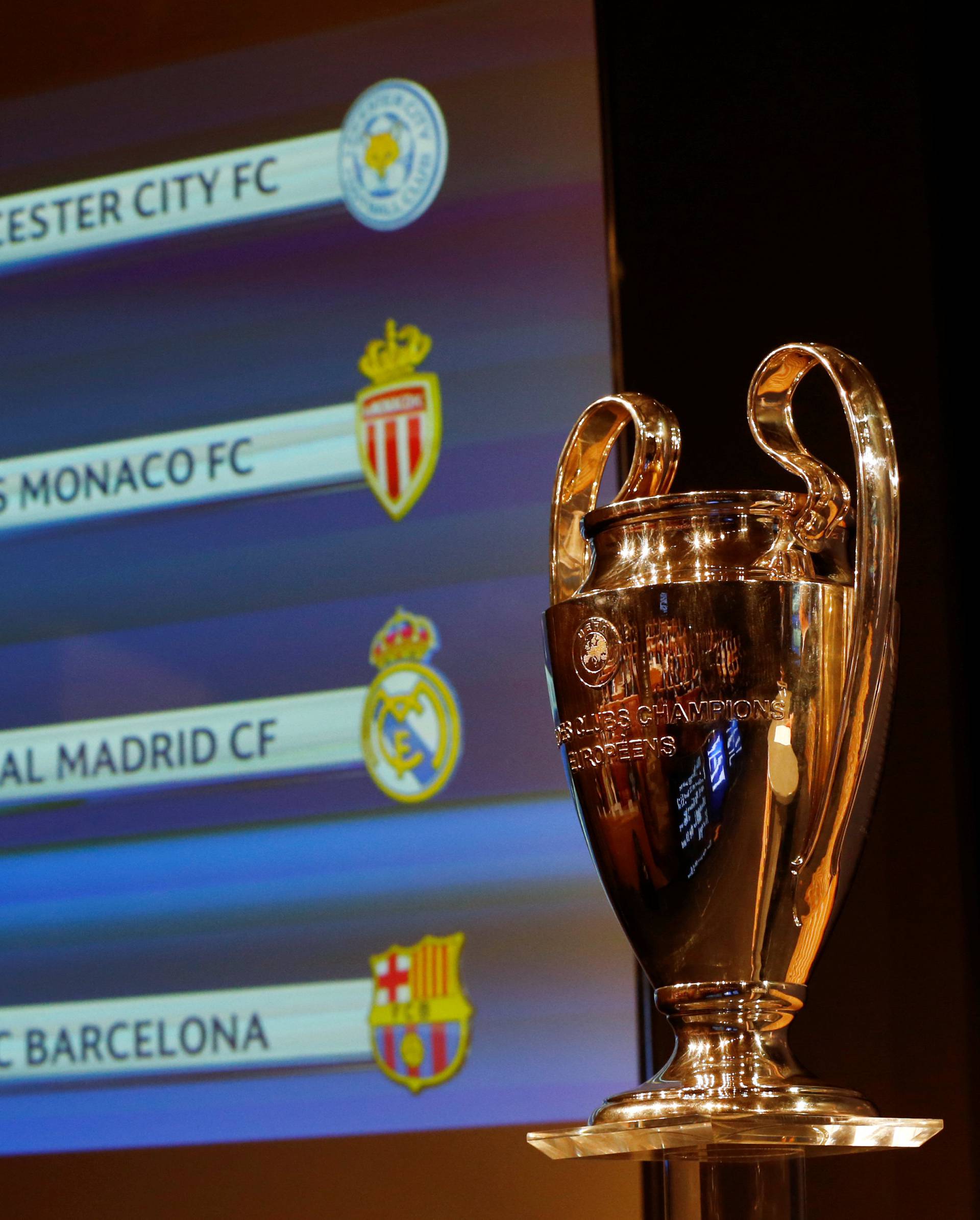 The UEFA Champions League trophy is pictured after the draw of the quarterfinals in Nyon