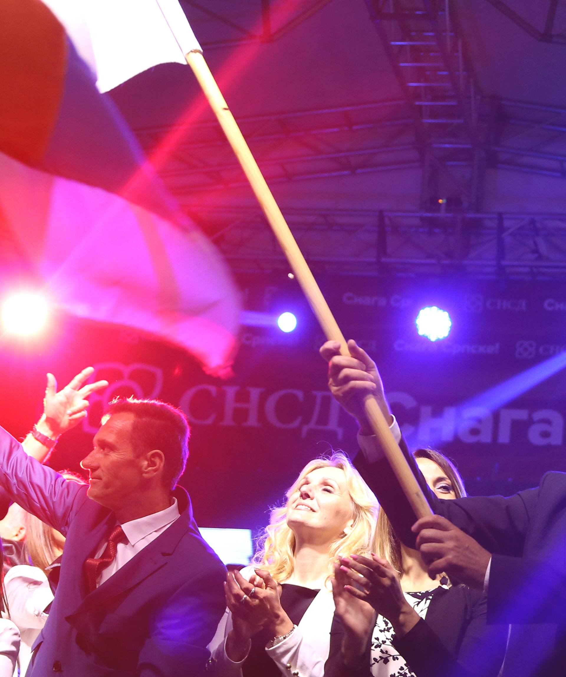 Milorad Dodik, President of Republika Srpska, celebrates the results of a referendum over a disputed national holiday during an election rally in Pale