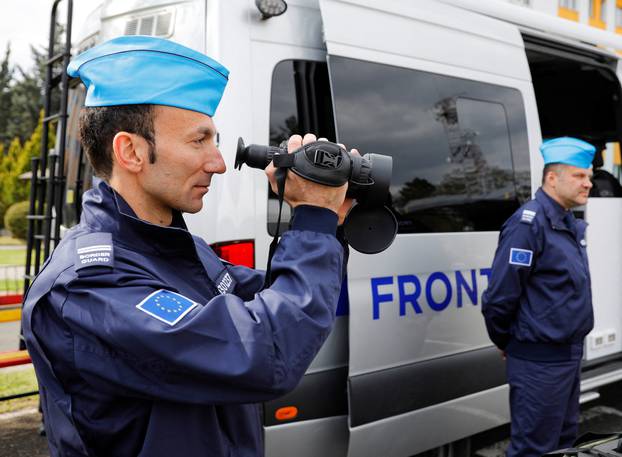 Members of FRONTEX are seen during the ceremony for the official start of the joint operation with Macedonian police in Skopje