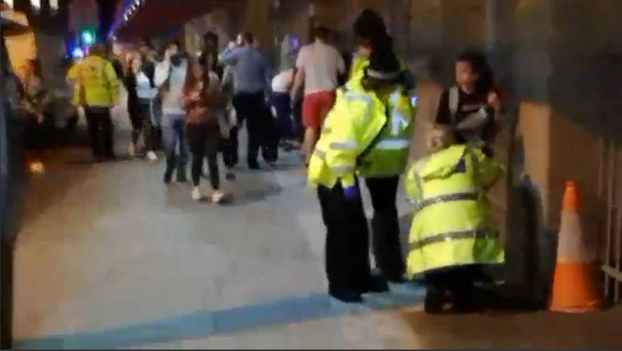 Still image taken from video shows a street scene near Manchester Arena after a blast, where U.S. singer Ariana Grande had been performing, in Manchester, Britain