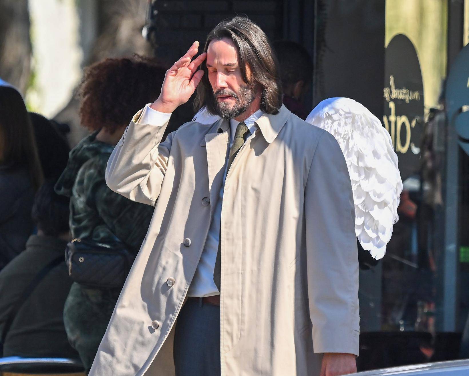 *EXCLUSIVE* An angelic, Keanu Reeves loses his lunch while filming for "Good Fortune'' in LA