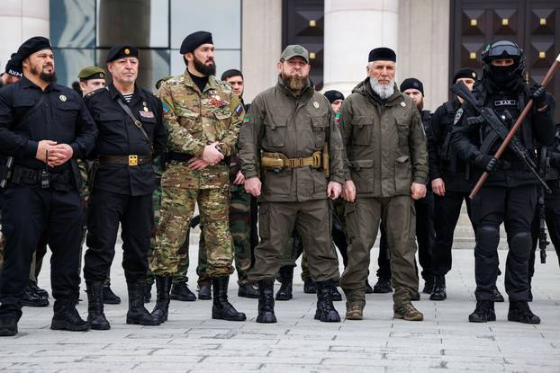Grozny, Chechen Republic, Russia. 25th Feb, 2022. Ramzan Kadyrov (C), head of the Chechen Republic, takes part in a review of the Chechen Republic's troops and military hardware at the residence of Ramzan Kadyrov, head of the Chechen Republic. Early on 24