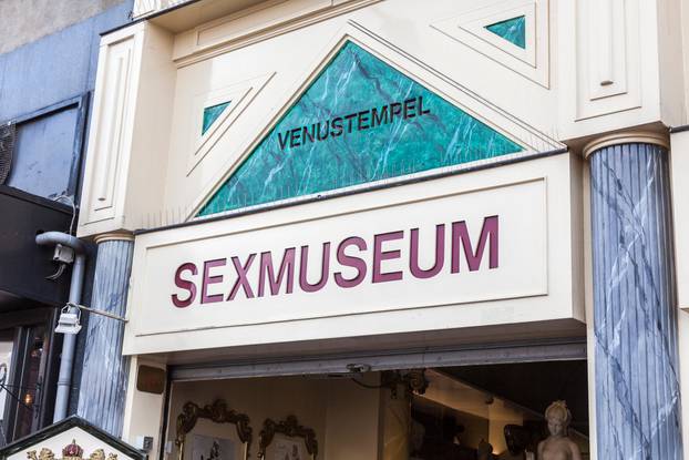 Entrance sign above the door at the popular tourist attraction, the Venustempel (The temple of Venus) sex museum in Damrak street, Amsterdam, Holland