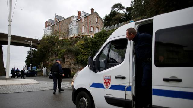 French CRS police patrol before the Foreign ministers of G7 nations meeting in Dinard