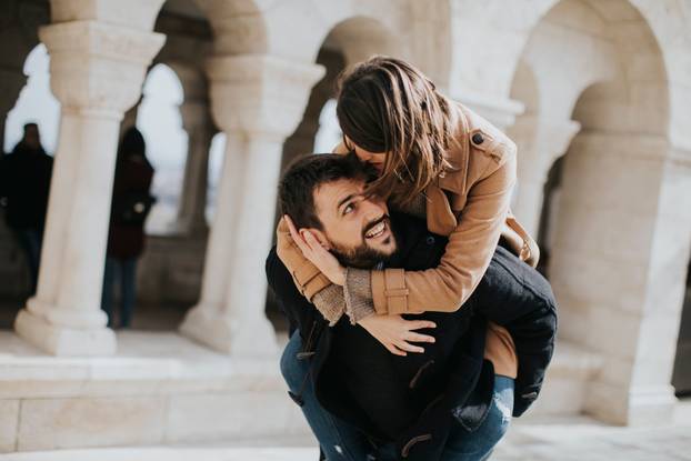 Loving couple walking and having fun in Budapest, Hungary