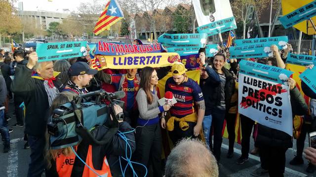 Pro-independence demonstrators gather before the La Liga Barcelona v Real Madrid match in Barcelona