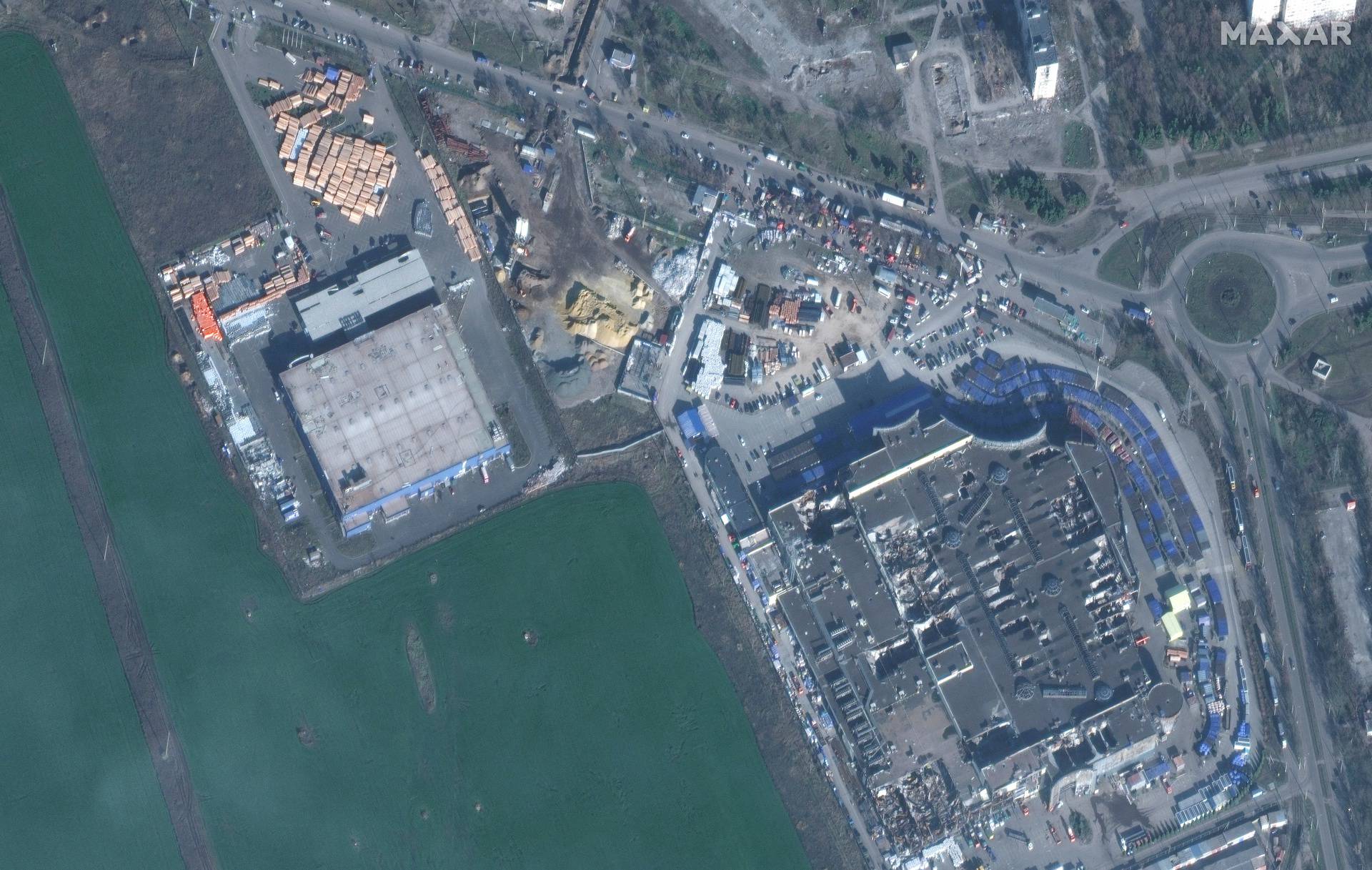 A satellite image shows building supplies at metro shopping center in Mariupol