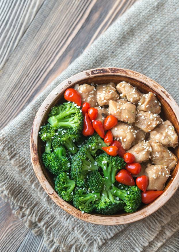 Bowl of broccoli and chicken stir-fry