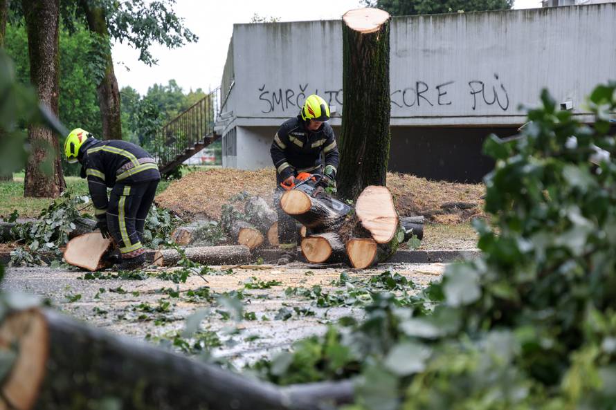 Zagreb: Vatrogasci uklanjaju stablo koje je palo u Ulici Svetog Mateja