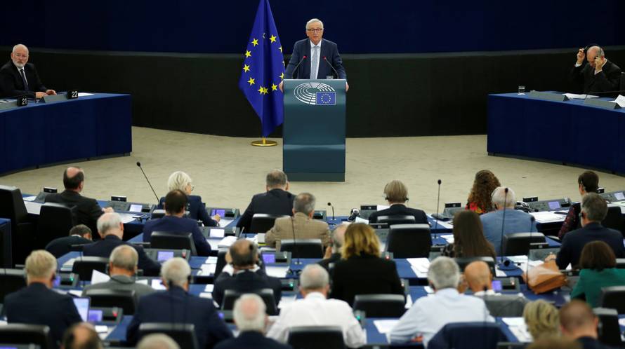 European Commission President Juncker delivers a speech during a debate on The State of the EU at the European Parliament in Strasbourg