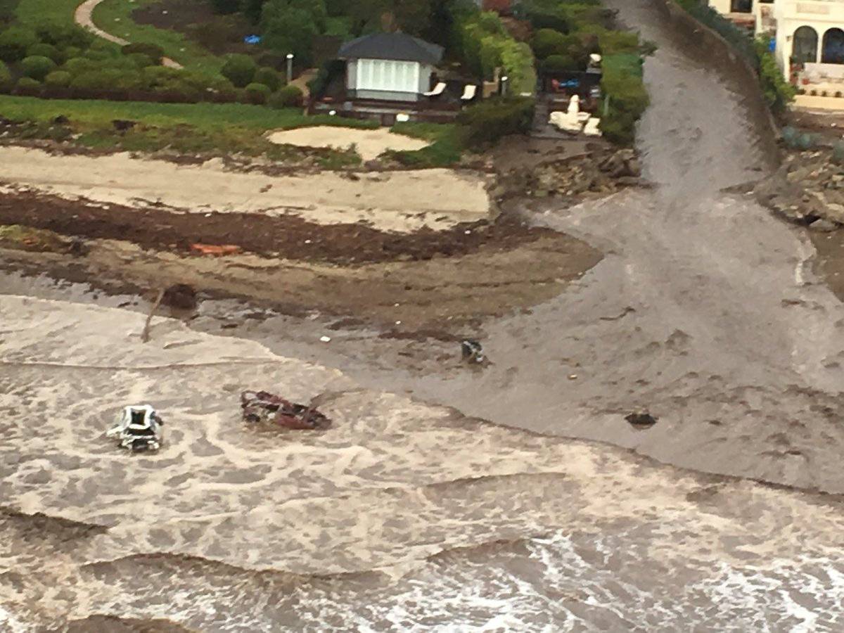 An aerial view from a Ventura County Sheriff helicopter shows a site damaged by mudslide in Montecito, California