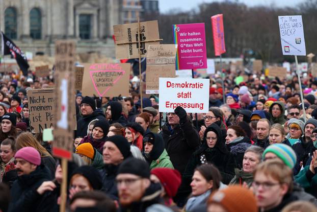 Protest against chancellor candidate Merz's plans to limit migration, in Berlin