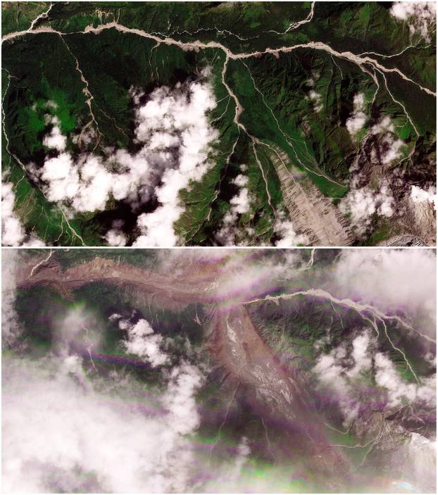 Satellite images show torrent of rock and ice high in Nepalese mountain valley after Nepal-China disaster