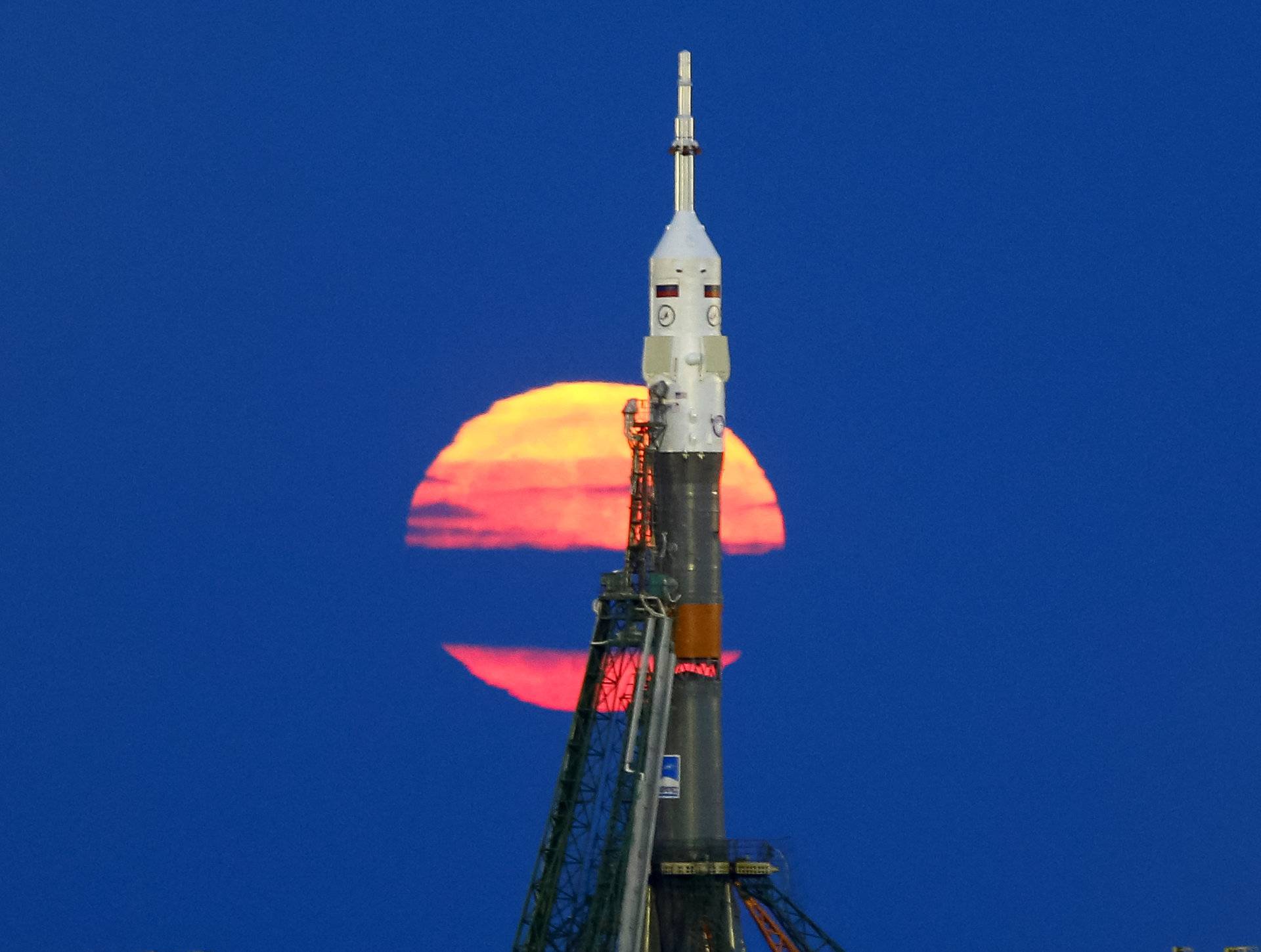 Supermoon rises behind the Soyuz MS-03 spacecraft at the Baikonur cosmodrome in Kazakhstan 