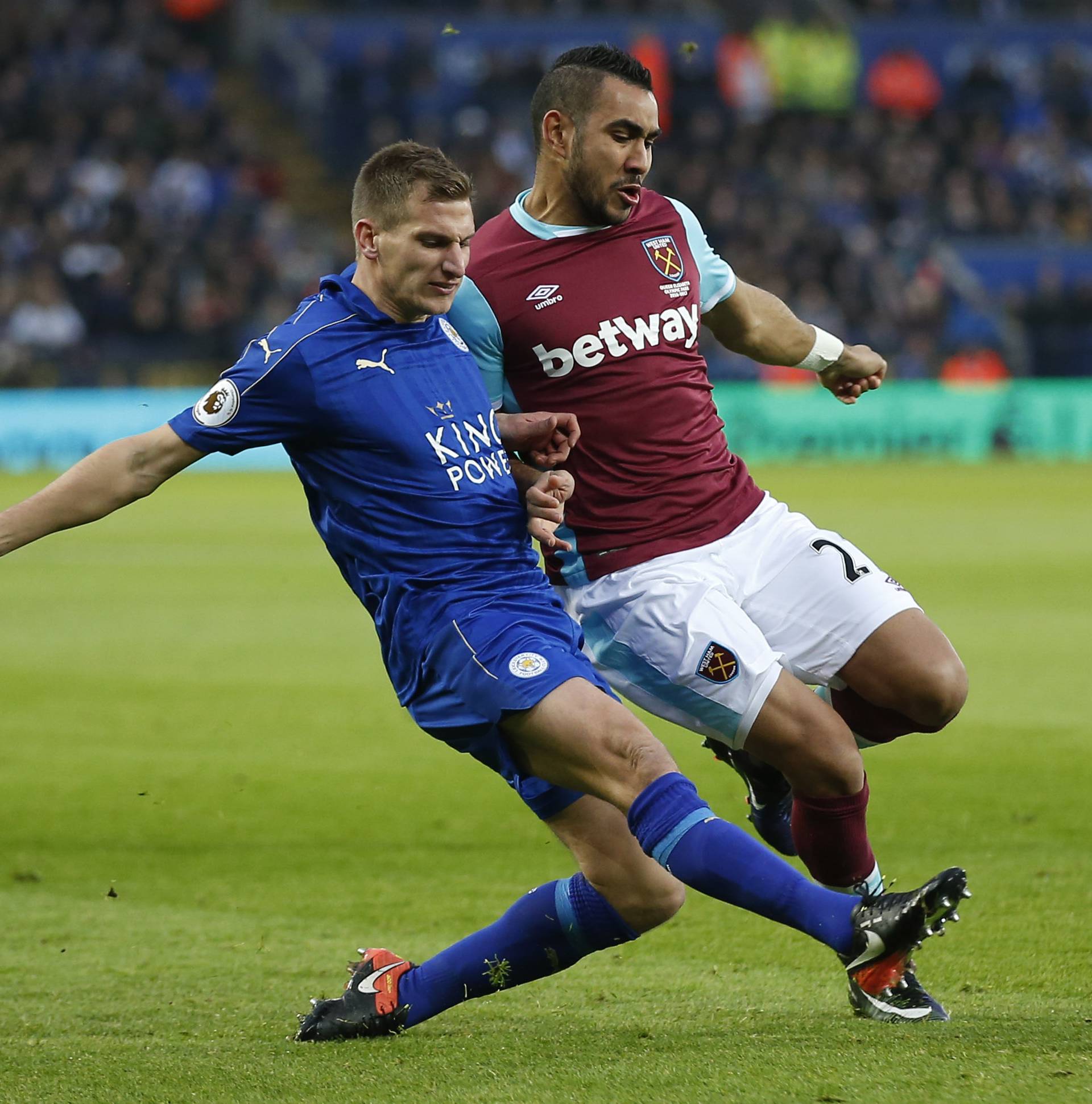 West Ham United's Dimitri Payet in action with Leicester City's Marc Albrighton