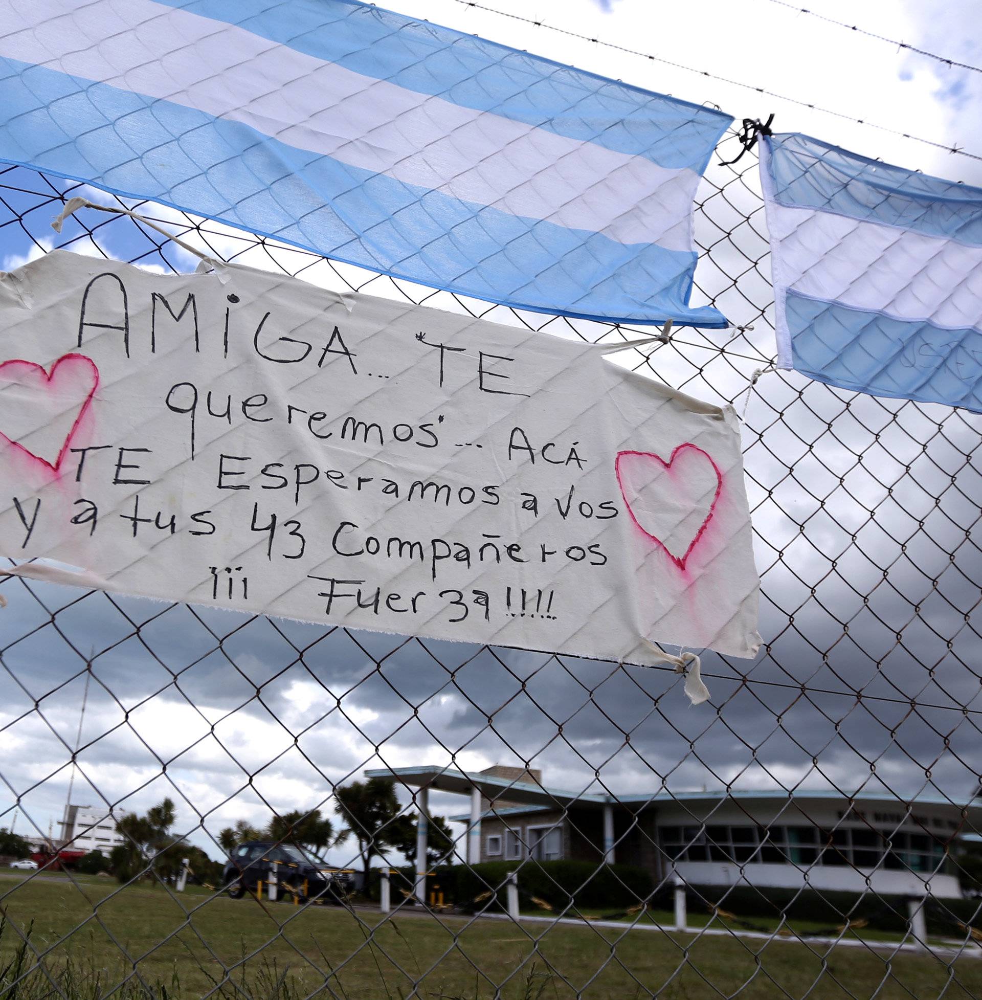 A sign in support of Krawczyk and other missing members of the  Argentine navy submarine ARA San Juan is displayed in Mar del Plata