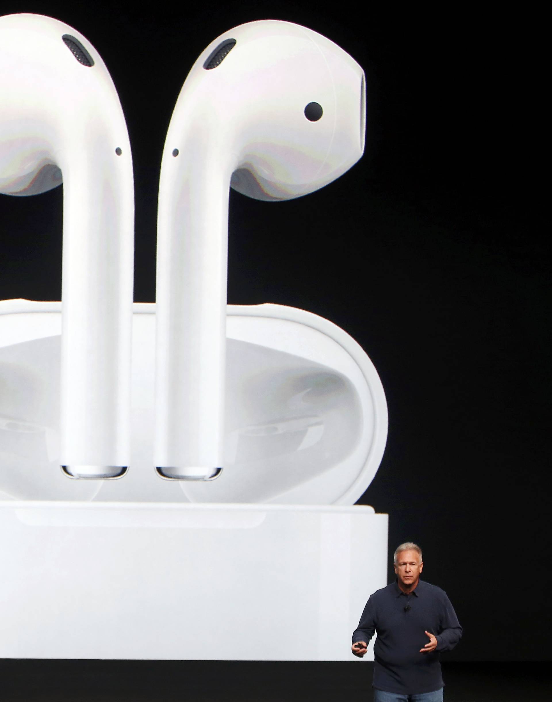 Phil Schiller discusses the Apple AirPods during a media event in San Francisco