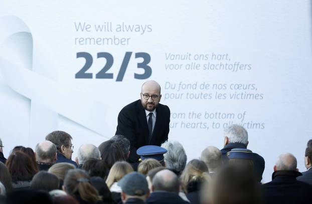 Belgium Prime Minister Charles Michel attends a ceremony at Brussels Zaventem airport commemorating the first anniversary of twin attacks at Brussels airport and a metro train in Brussels
