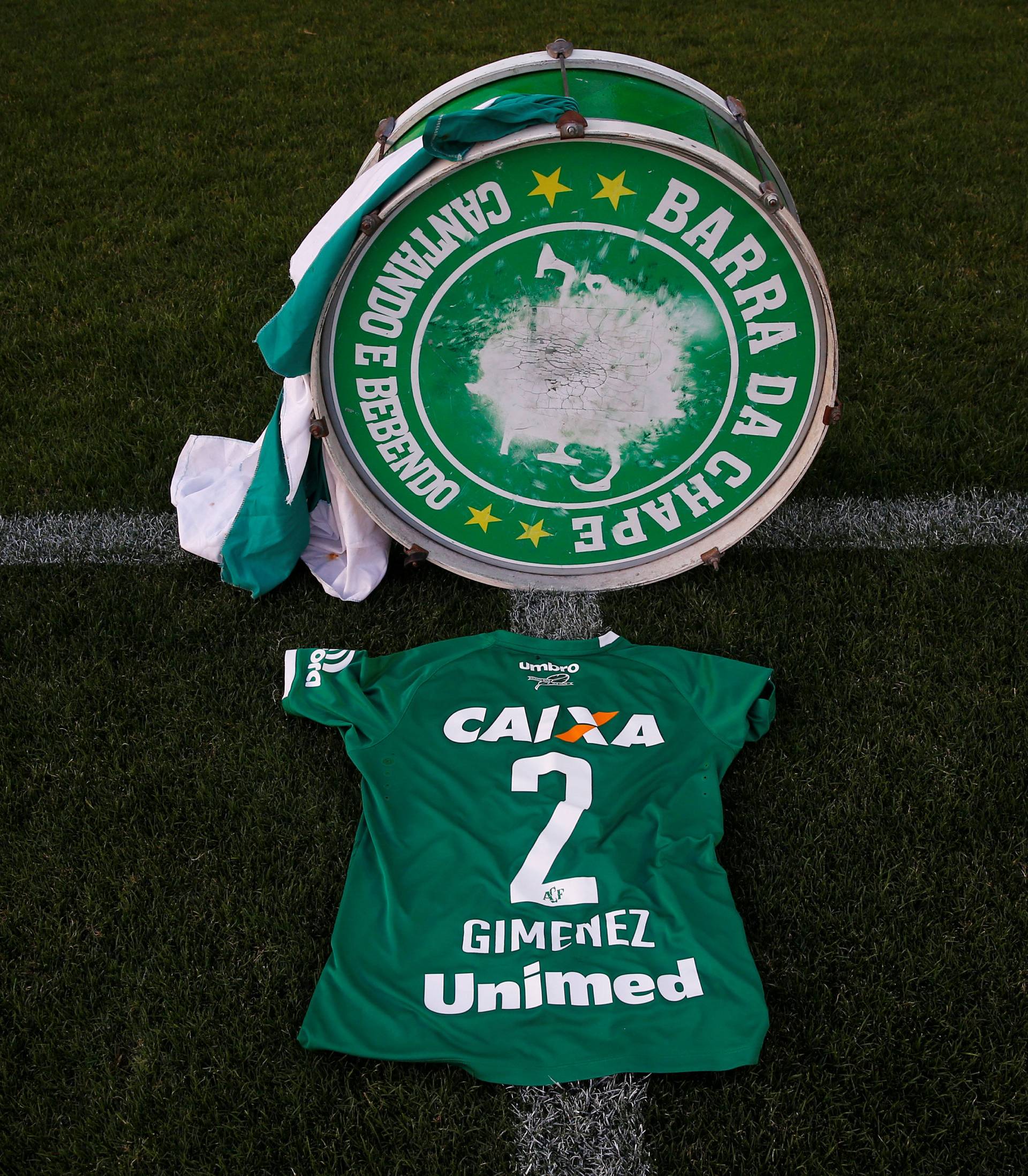 The jersey of player Guilher Gimenez of Chapecoense soccer team is pictured at the Arena Conda stadium during tribute to Chapecoense's players in Chapeco