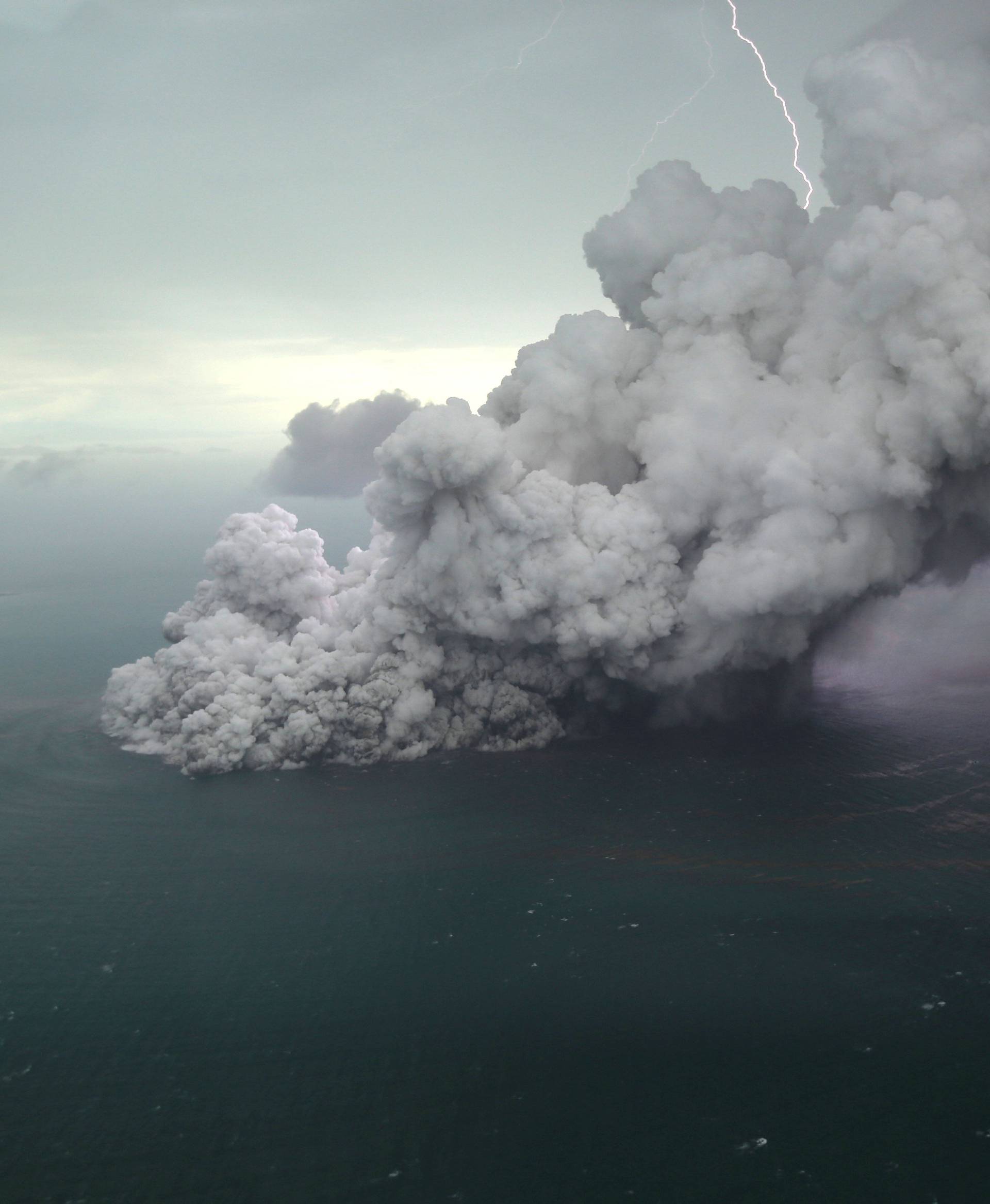 An aerial view of Anak Krakatau volcano during an eruption at Sunda strait in South Lampung