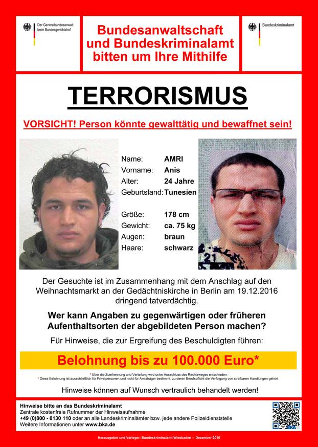 Handout wanted poster released by the German Bundeskriminalamt (BKA) Federal Crime Office shows suspect Anis Amri searched in relation with the Monday