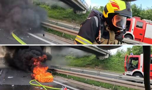 VIDEO Vatra progutala šleper na A3. Eksplodirala mu guma pa skoro odletjela u vatrogasca!