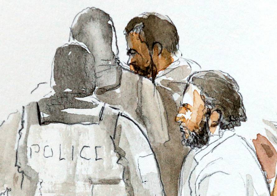 A court artist drawing shows Salah Abdeslam, one of the suspects in the 2015 Islamic State attacks in Paris, in court during his trial in Brussels