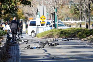 Multiple bikes are crushed along a bike path in lower Manhattan in New York