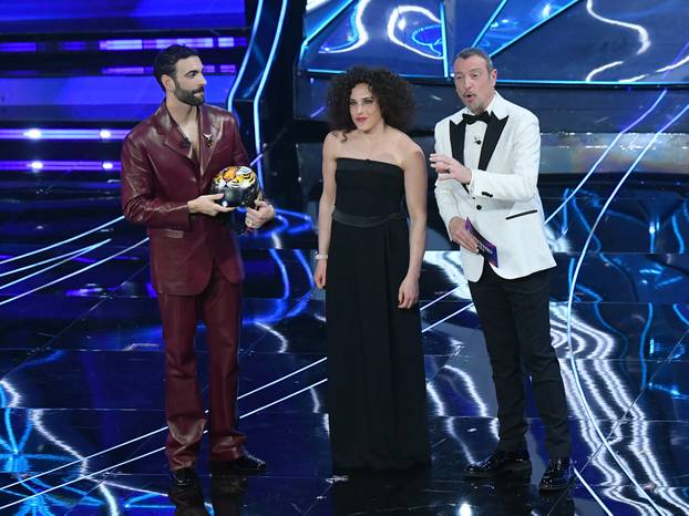 Sanremo, 74th Italian Song Festival, First Evening. Marco Mengoni and the guests on stage