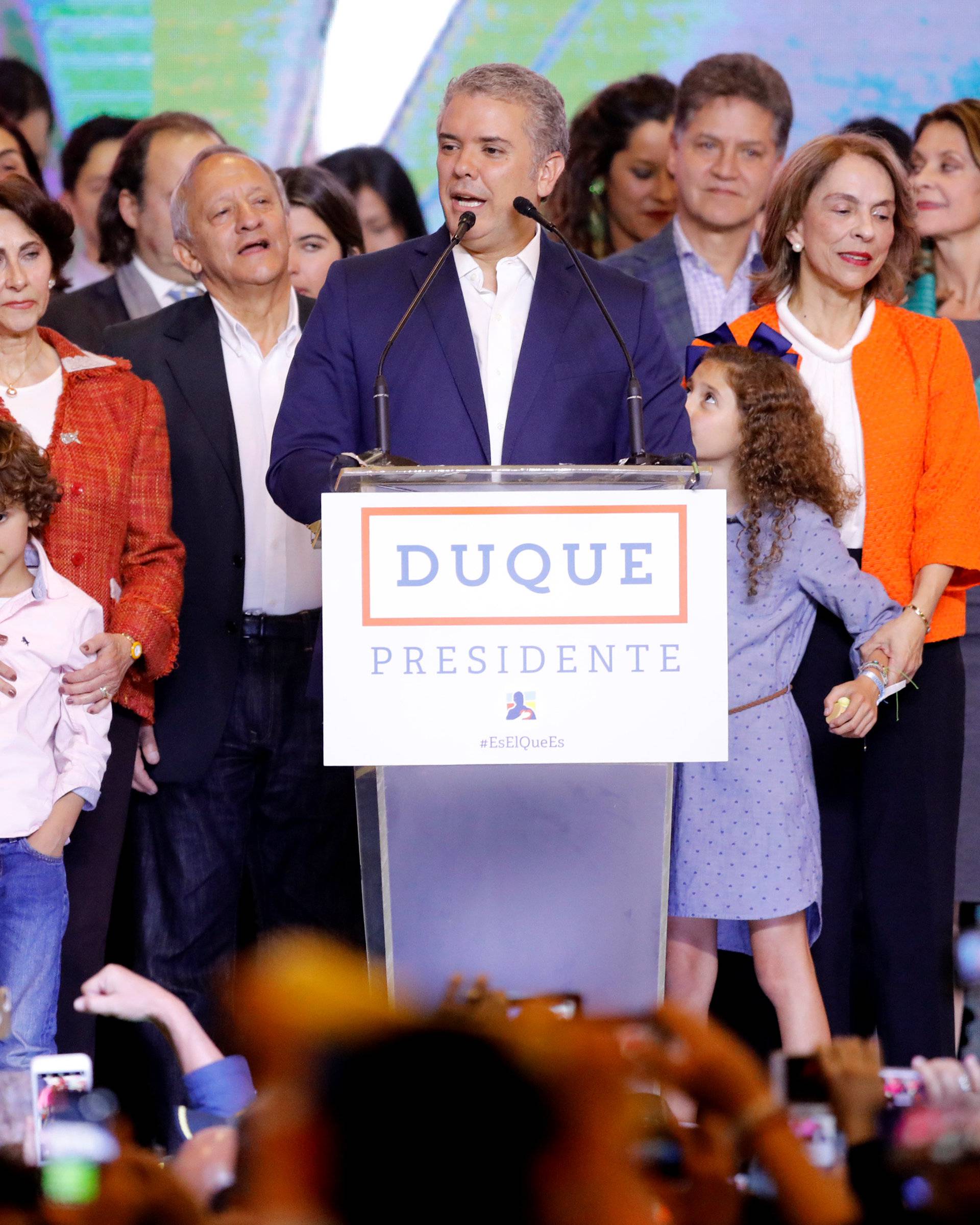 Presidential candidate Duque speaks to supporters after he won the presidential election in Bogota