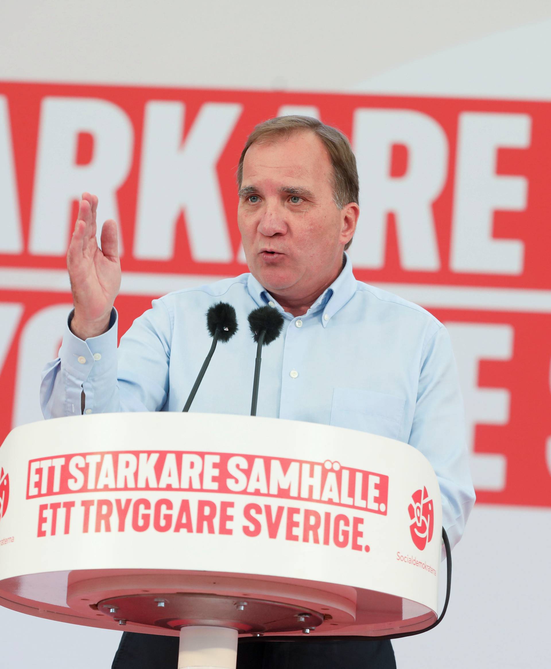 Sweden's PM and leader of Social Democrats Lofven speaks during election campaign meeting in Botkyrka, near Stockholm