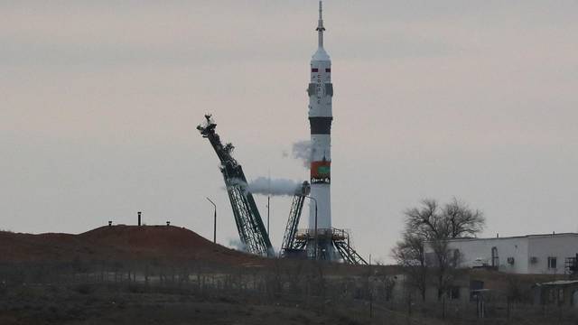 A view shows the Soyuz MS-25 spacecraft on the launchpad shortly before the launch got cancelled, at the Baikonur Cosmodrome