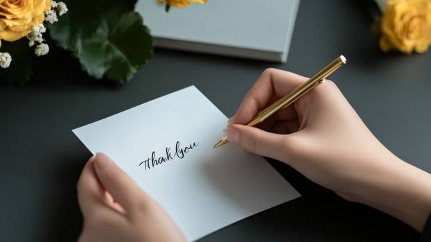 A person explaining how to write a thank-you note by hand.