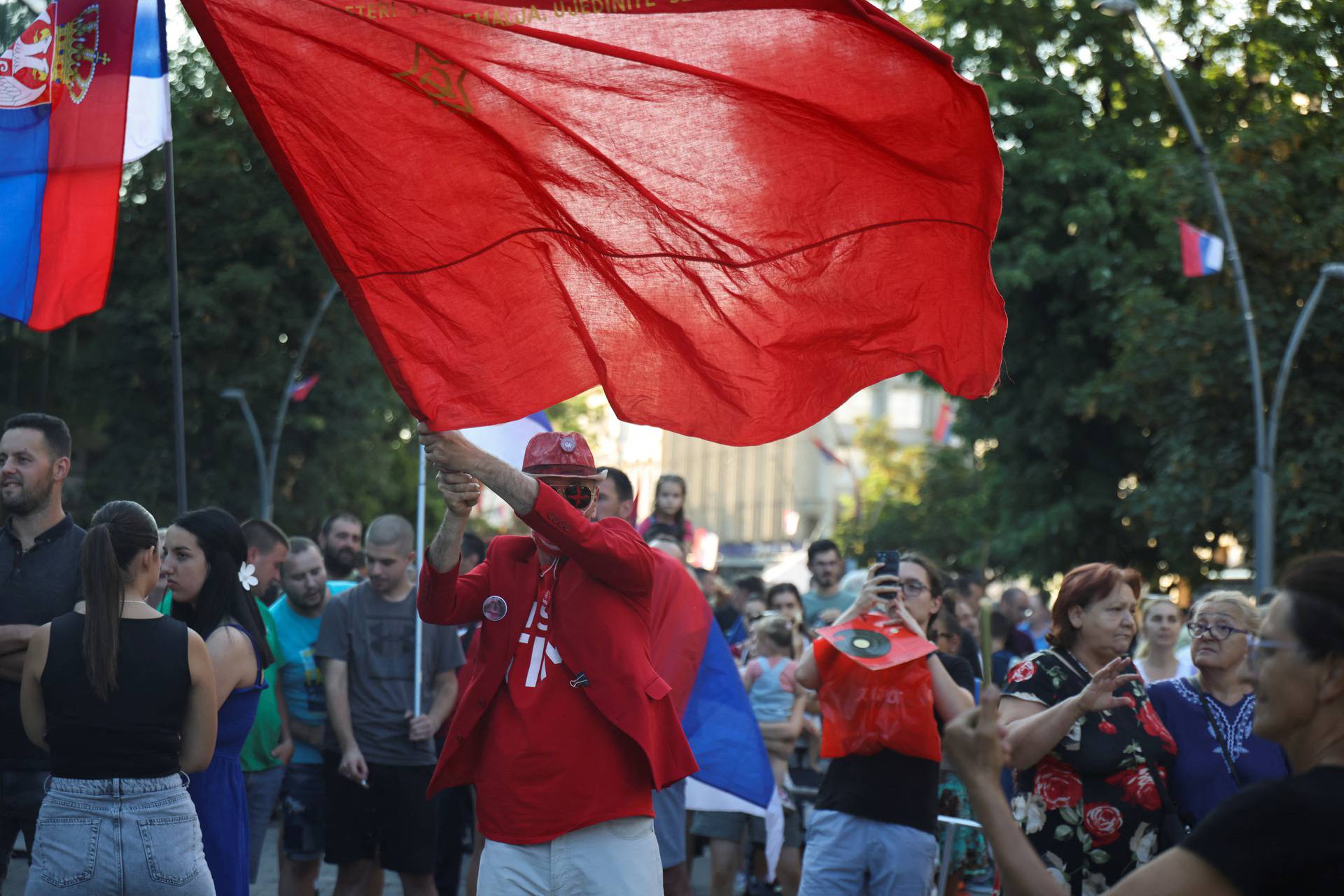 People gather to protest against Rio Tinto's opening lithium mine near Sabac