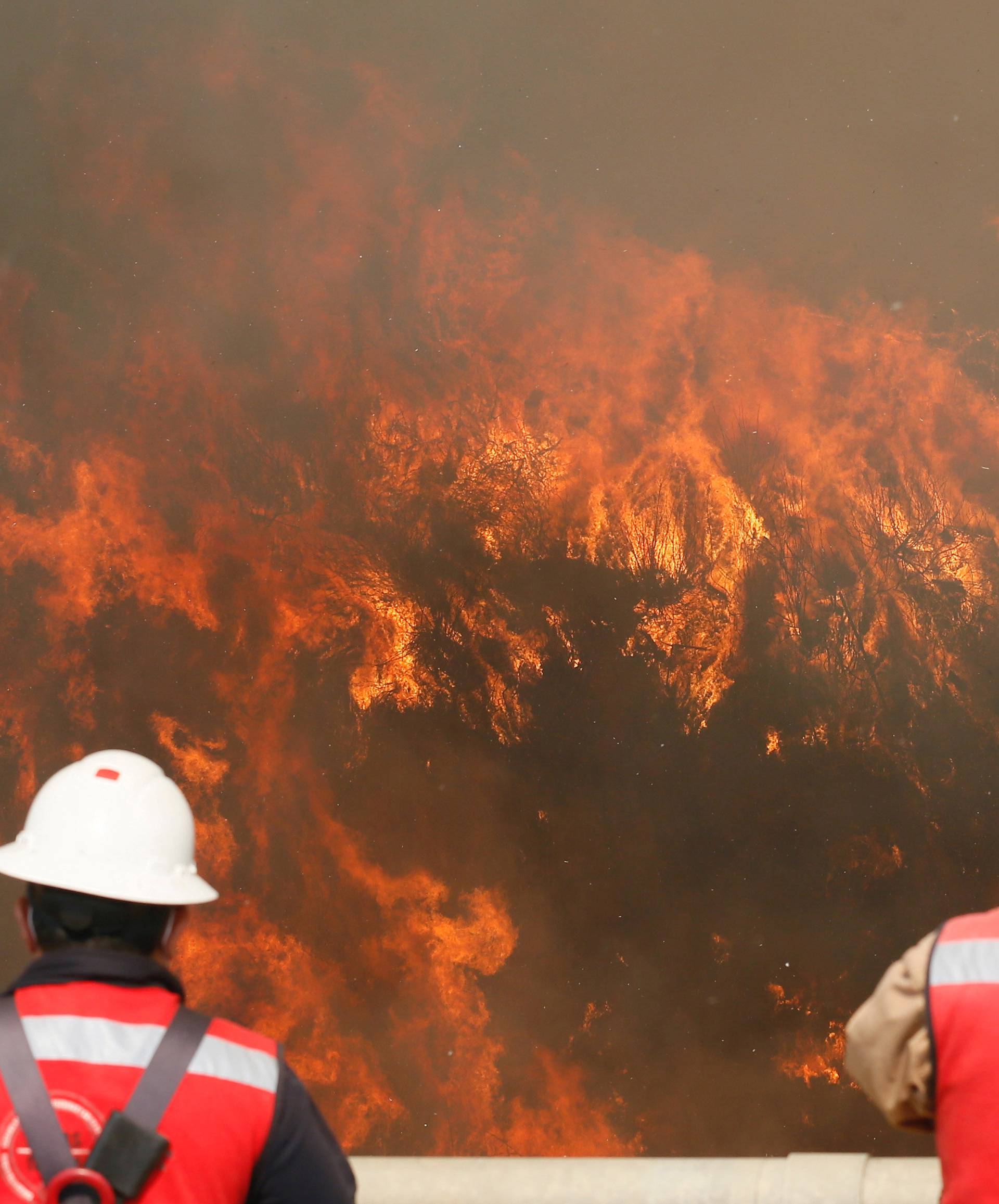 Fire is seen on a hill, where more than 100 homes were burned due to forest fire but there have been no reports of death, local authorities said in Valparaiso, Chile