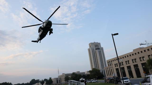 U.S. President Joe Biden arrives on Marine One helicopter at Walter Reed National Military Medical Center in Maryland