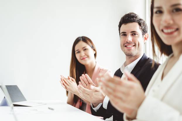 Business,People,Clapping,Hands,During,Meeting,In,Office,For,Their