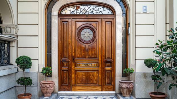 elegant exterior door, this elegant building features a sturdy wooden door adorned with a stained glass window panel, adding a touch of sophistication to its exterior