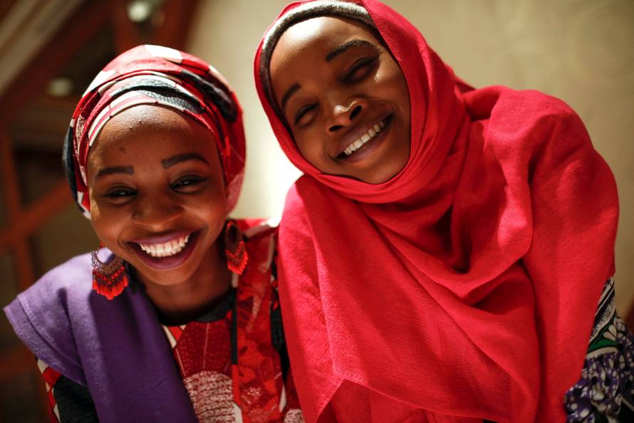 Hauwa and Ya kaka, former captives of Boko Haram militants in Nigeria, pose for a portrait after they appeared on a panel dealing with issues of violence against women in New York