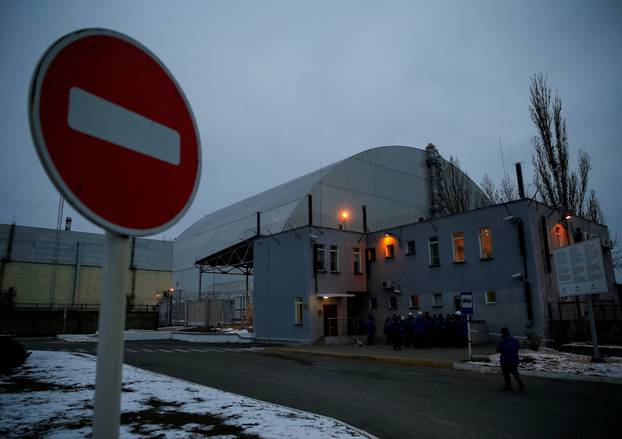 FILE PHOTO: A general view shows the New Safe Confinement structure over the old sarcophagus covering the damaged fourth reactor at the Chernobyl Nuclear Power Plant, in Chernobyl